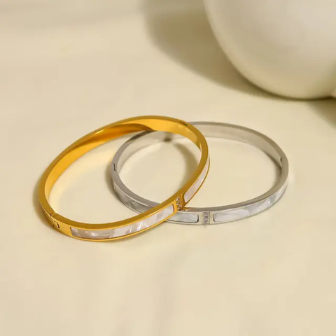 Cubic Zirconia White Mother Shell Cuff Bangles