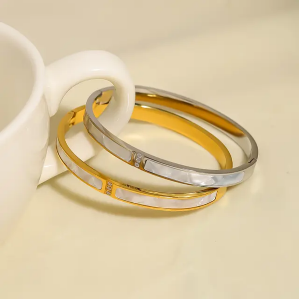 Cubic Zirconia White Mother Shell Cuff Bangles