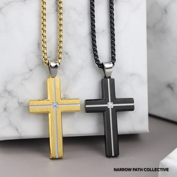 Cross Pendant with Silver Inlay & Cubic Zirconia Necklace