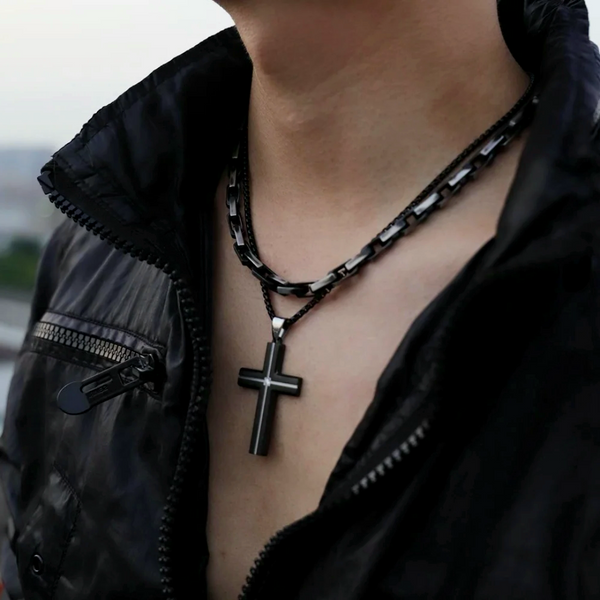 Cross Pendant with Silver Inlay & Cubic Zirconia Necklace