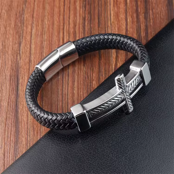 Stainless Steel Cross Leather Bracelet