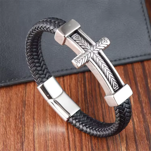 Stainless Steel Cross Leather Bracelet