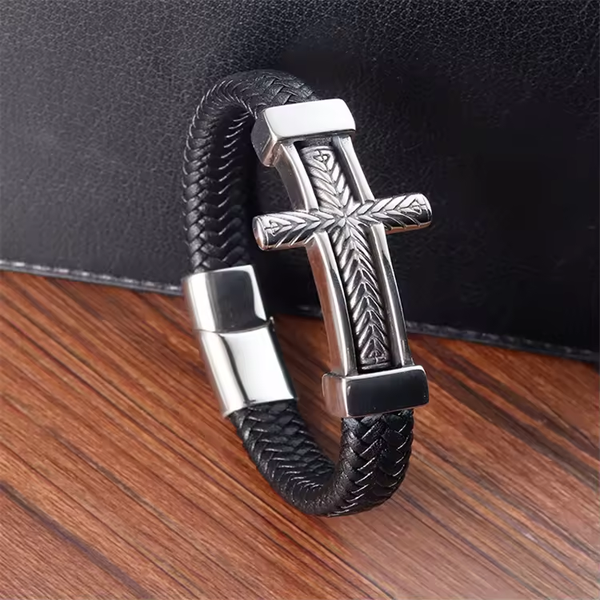 Stainless Steel Cross Leather Bracelet