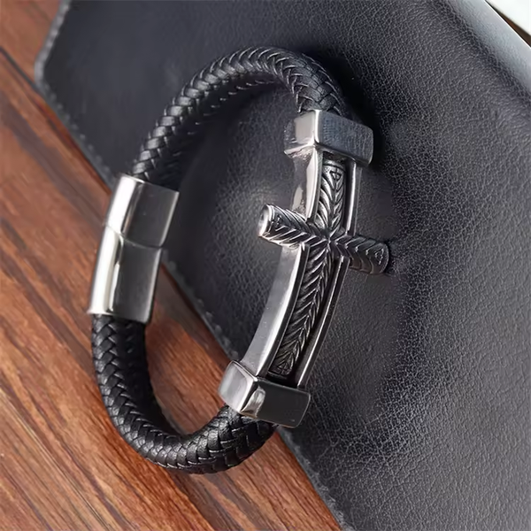 Stainless Steel Cross Leather Bracelet