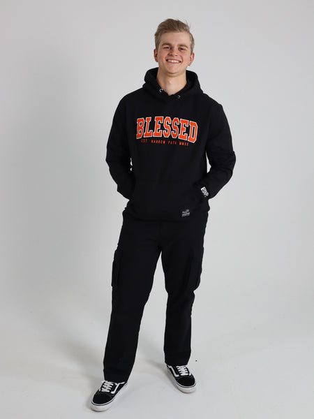 BLESSED EMBROIDERED ORANGE LOGO HOODIE BLACK