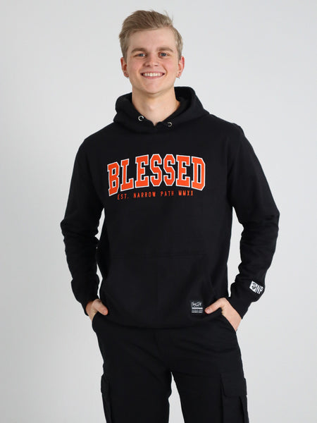 BLESSED EMBROIDERED ORANGE LOGO HOODIE BLACK