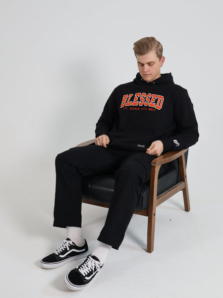 BLESSED EMBROIDERED ORANGE LOGO HOODIE BLACK