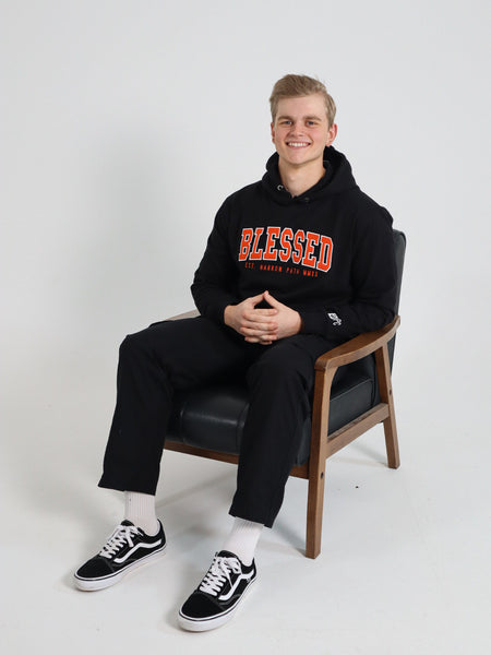 BLESSED EMBROIDERED ORANGE LOGO HOODIE BLACK