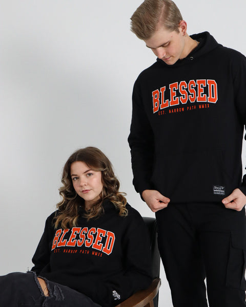 BLESSED EMBROIDERED ORANGE LOGO HOODIE BLACK