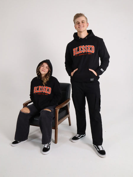 BLESSED EMBROIDERED ORANGE LOGO HOODIE BLACK