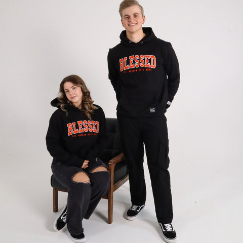 BLESSED EMBROIDERED ORANGE LOGO HOODIE BLACK