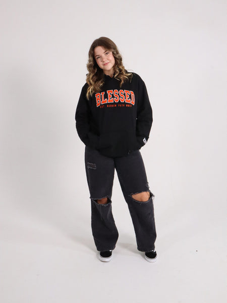 BLESSED EMBROIDERED ORANGE LOGO HOODIE BLACK