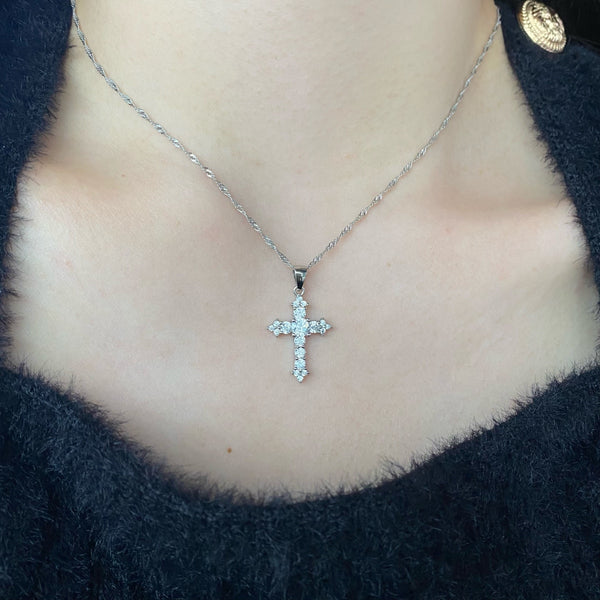 Small Cubic Zirconia Diamond Cross Pendant Necklace