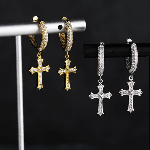 ICED OUT CROSS 925 STERLING SILVER EARRINGS