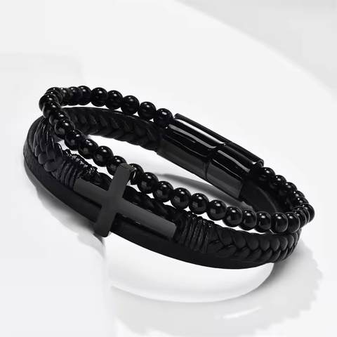 Cross Leather Beaded Bracelet