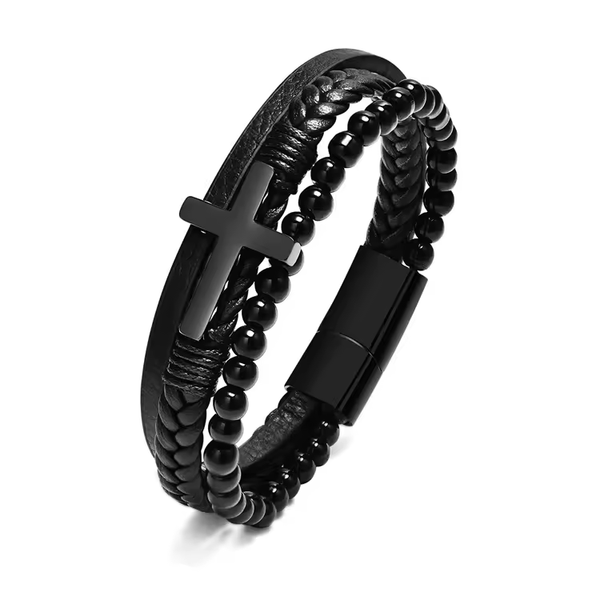 Cross Leather Beaded Bracelet