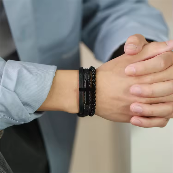 Cross Leather Beaded Bracelet