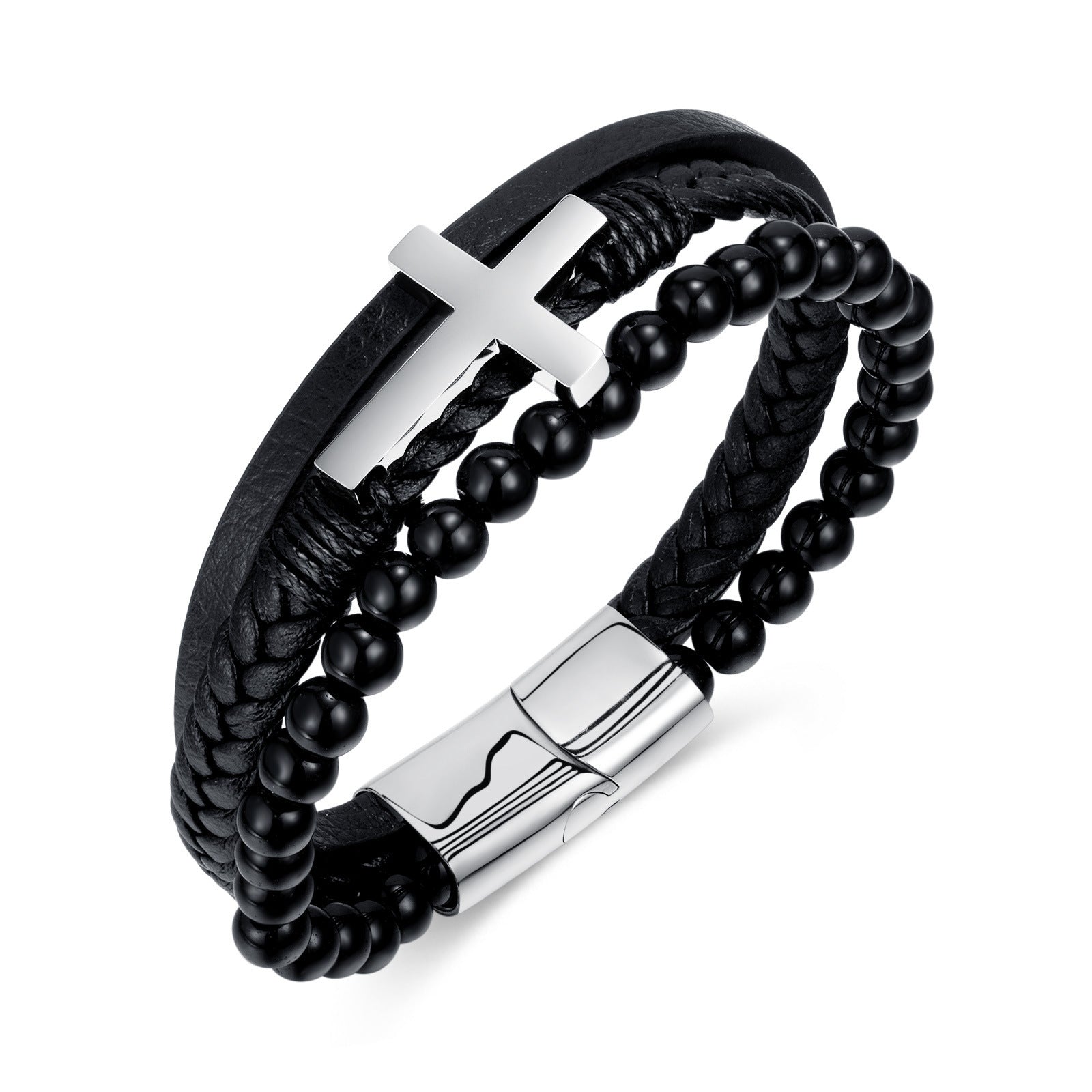 Cross Leather Beaded Bracelet