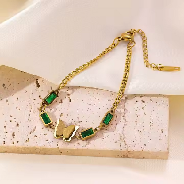 Butterfly Green Stone 18k Gold Plated Bracelet