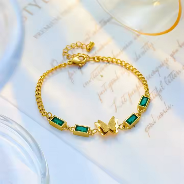 Butterfly Green Stone 18k Gold Plated Bracelet