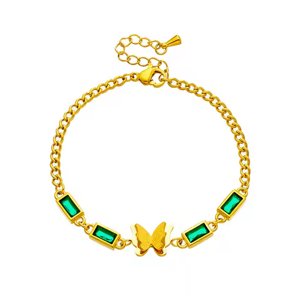 Butterfly Green Stone 18k Gold Plated Bracelet