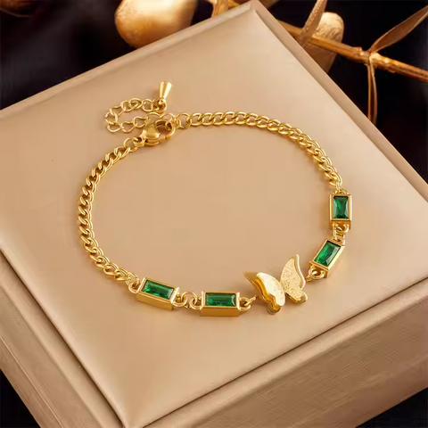 Butterfly Green Stone 18k Gold Plated Bracelet