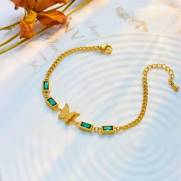 Butterfly Green Stone 18k Gold Plated Bracelet