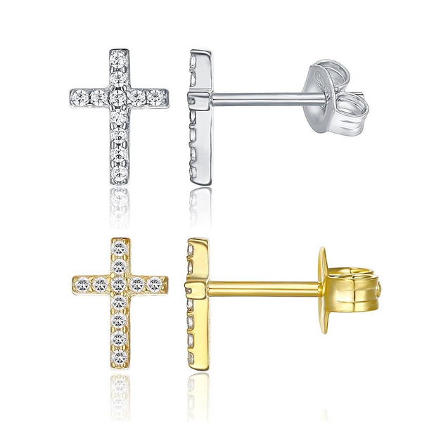 Small Cross Stud Earrings - Cubic Zirconia