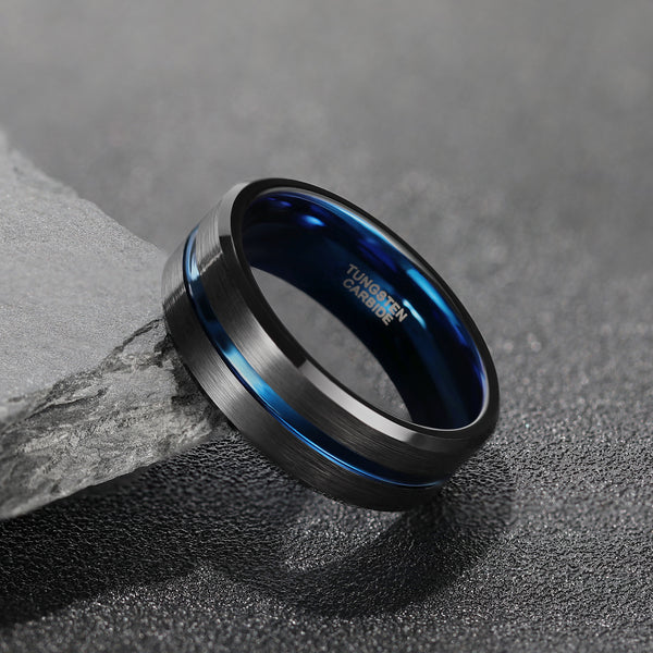 8mm Black Blue Inlay Tungsten Ring