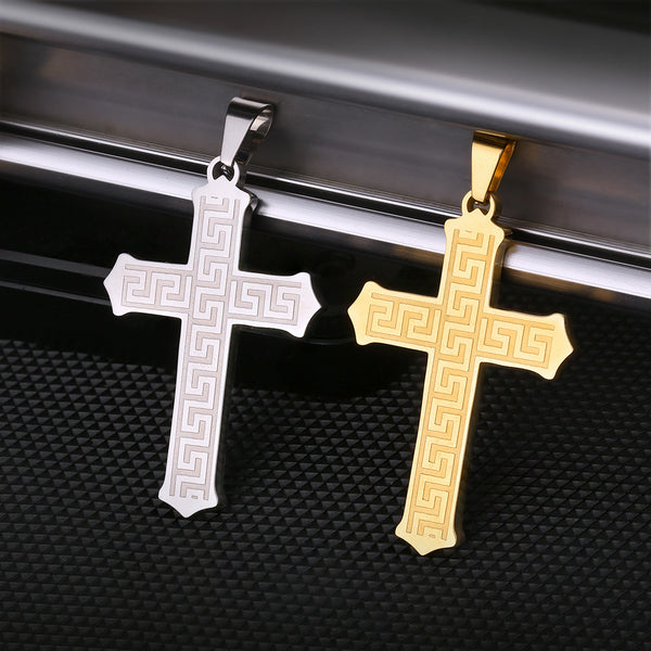 Greek Key Cross Pendant Necklace - 18k Gold Plated