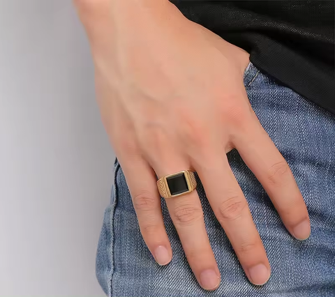 Agate Stone Inlay Men's 24k Gold Plated Ring