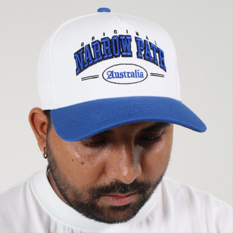 NARROW PATH EMBROIDERED WHITE/BLUE SNAPBACK HAT