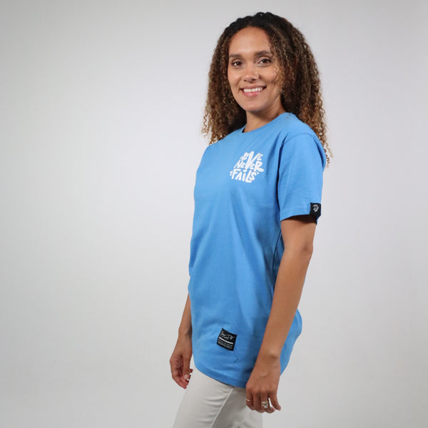 LOVE NEVER FAILS TEE BLUE