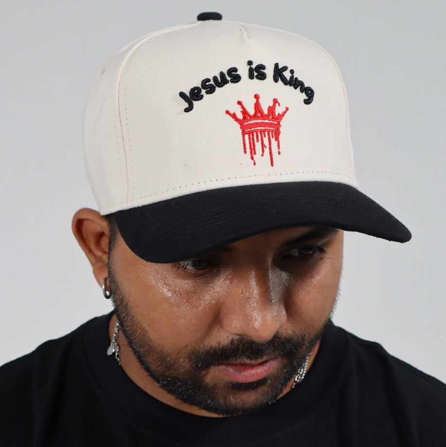 JESUS IS KING EMBROIDERED SNAPBACK CREAM/BLACK HAT