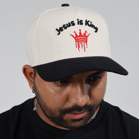 JESUS IS KING EMBROIDERED SNAPBACK CREAM/BLACK HAT