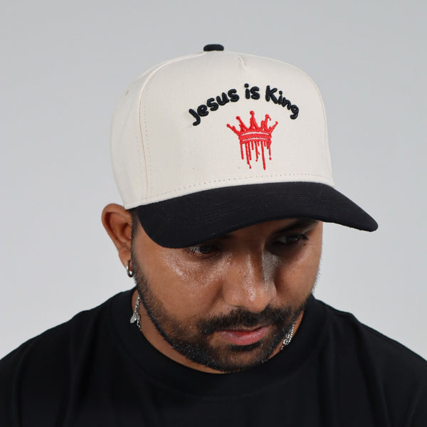 JESUS IS KING EMBROIDERED SNAPBACK CREAM/BLACK HAT