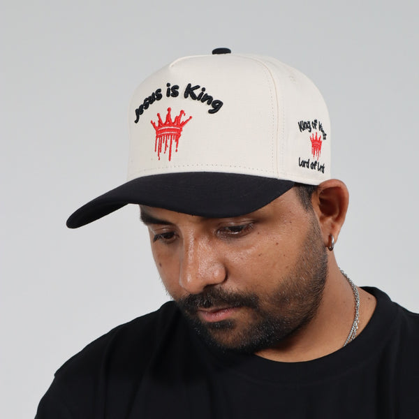 JESUS IS KING EMBROIDERED SNAPBACK CREAM/BLACK HAT
