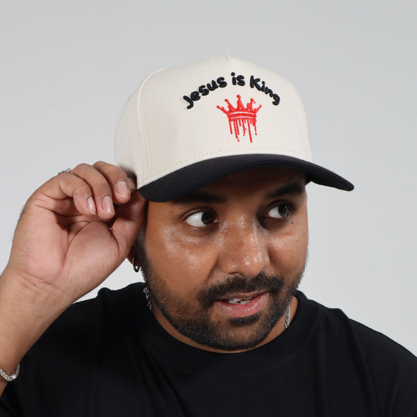 JESUS IS KING EMBROIDERED SNAPBACK CREAM/BLACK HAT