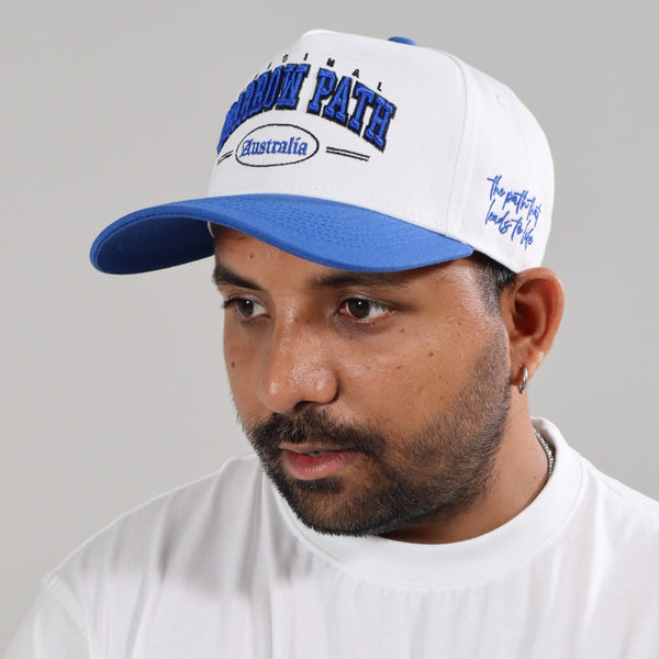 NARROW PATH EMBROIDERED WHITE/BLUE SNAPBACK HAT