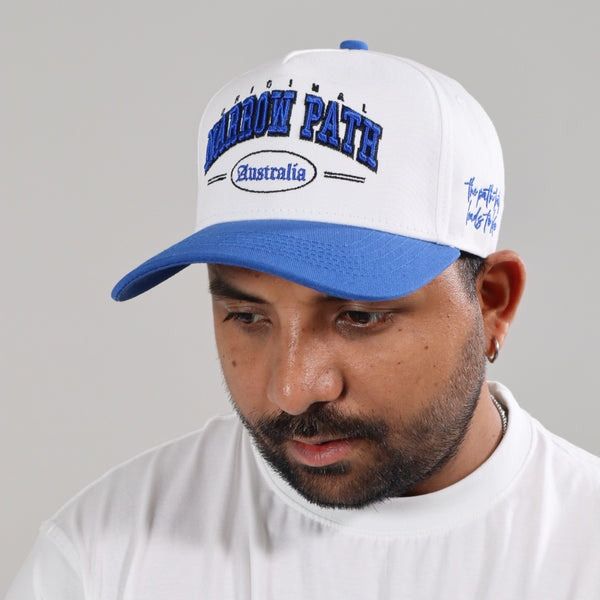 NARROW PATH EMBROIDERED WHITE/BLUE SNAPBACK HAT