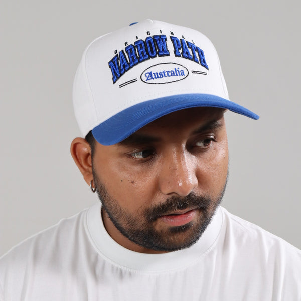 NARROW PATH EMBROIDERED WHITE/BLUE SNAPBACK HAT