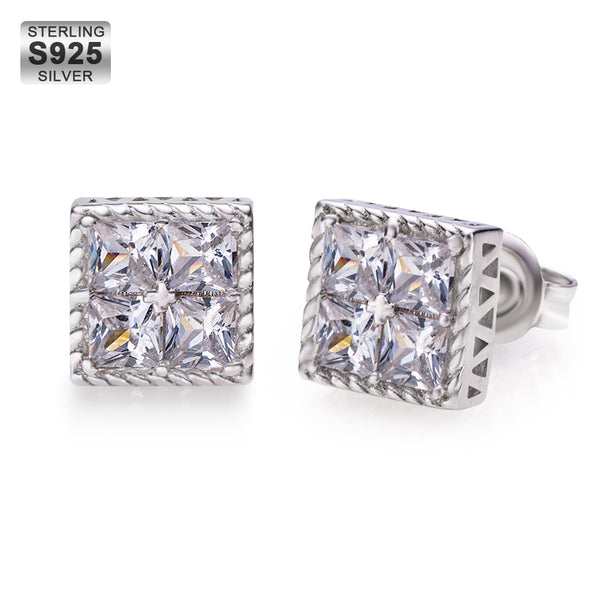 Square Cubic Zirconia Diamond Sterling Silver Cross Stud Earrings