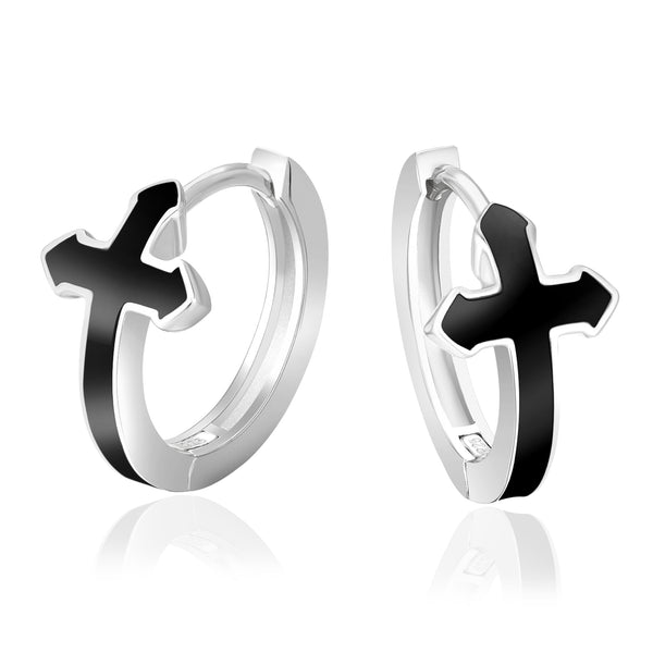 Silver 15mm Black Hoop Cross earrings