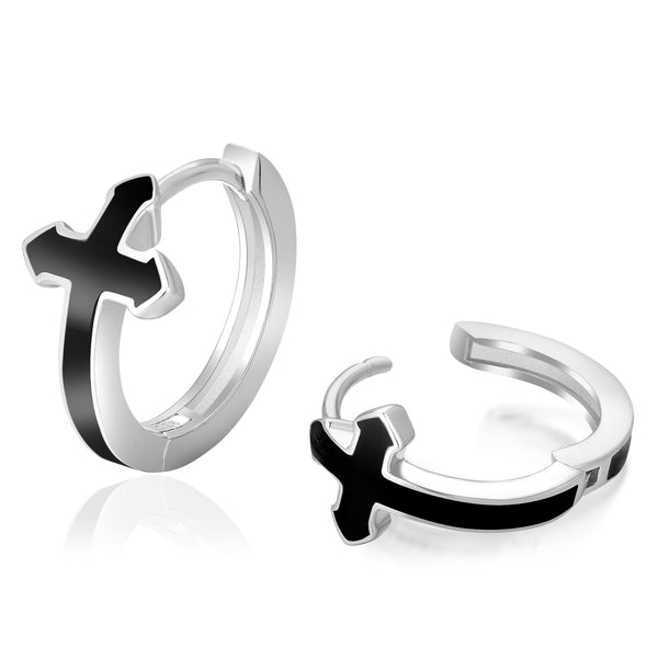 Silver 15mm Black Hoop Cross earrings