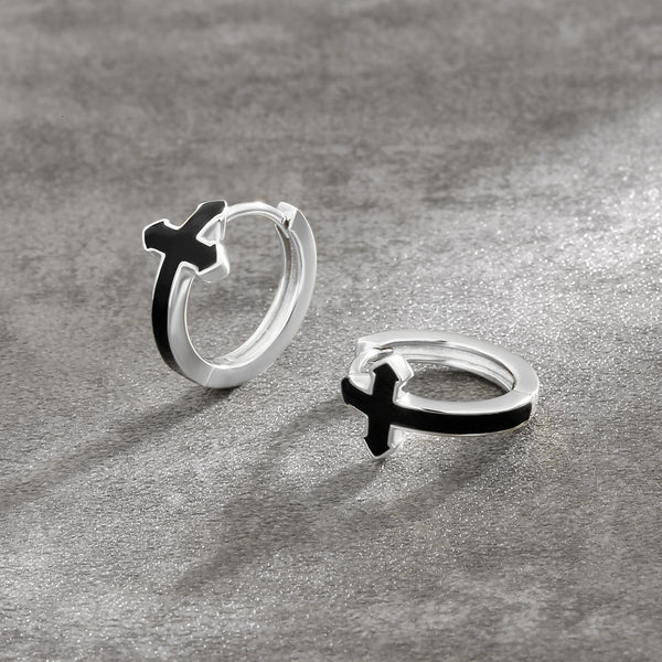 Silver 15mm Black Hoop Cross earrings