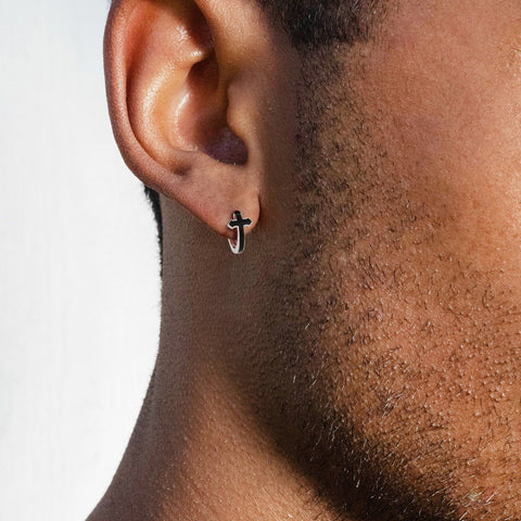 Silver 15mm Black Hoop Cross earrings
