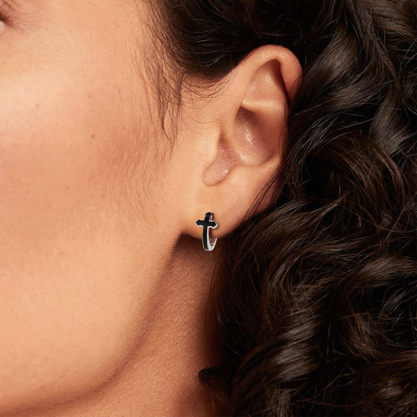 Silver 15mm Black Hoop Cross earrings