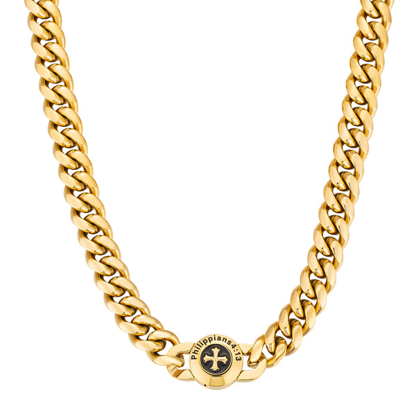 Philippans 4:13 Cross Button Logo 12 MM Cuban Link Chain Necklace