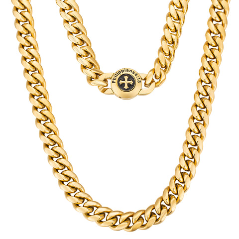 Philippans 4:13 Cross Button Logo 12 MM Cuban Link Chain Necklace