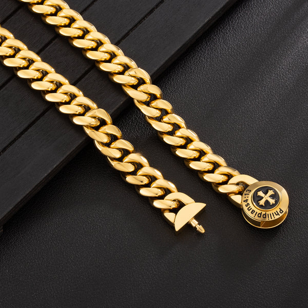 Philippans 4:13 Cross Button Logo 12 MM Cuban Link Chain Necklace
